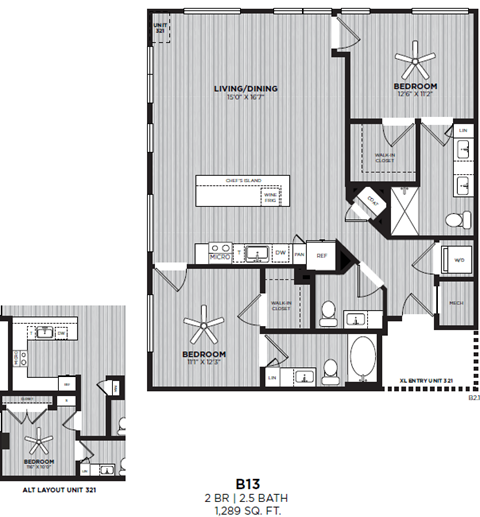 Floor plan for 2 beds, 2.5 baths, 1289 sqft